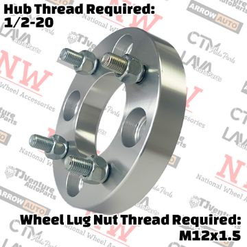 Show details for 4-Piece Set | 1” Thick | 4x4.5” (4x114.3mm) to 4x4.5” (4x114.3mm) | Wheel Spacer Adapter | 71mm Center Bore | 12x1.5 Studs | 1/2-20 Open Lug Nuts Provided Picture of 4-Piece Set | 1” Thick | 4x4.5” (4x114.3mm) to 4x4.5” (4x114.3mm) | Wheel Spacer Adapter | 71mm Center Bore | 12x1.5 Studs | 1/2-20 Open Lug Nuts Provided