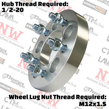 Show details for 4-Piece Set | 1” Thick | 5x4.25” (5x108mm) to 5x4.25” (5x108mm) | Wheel Spacer Adapter | 74mm Center Bore | 12x1.5 Studs | 1/2-20 Open Lug Nuts Provided Picture of 4-Piece Set | 1” Thick | 5x4.25” (5x108mm) to 5x4.25” (5x108mm) | Wheel Spacer Adapter | 74mm Center Bore | 12x1.5 Studs | 1/2-20 Open Lug Nuts Provided