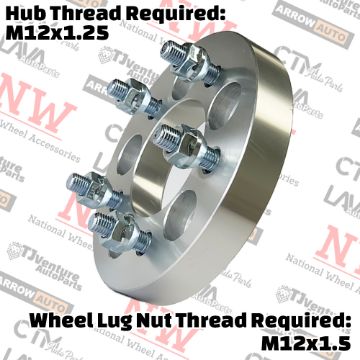 Show details for 4-Piece Set | 1” Thick | 5x100mm to 5x4.5” (5x114.3mm) | Conversional Wheel Spacer Adapter | 57.1mm Center Bore | 12x1.5 Studs | 12x1.25 Open Lug Nuts Provided Picture of 4-Piece Set | 1” Thick | 5x100mm to 5x4.5” (5x114.3mm) | Conversional Wheel Spacer Adapter | 57.1mm Center Bore | 12x1.5 Studs | 12x1.25 Open Lug Nuts Provided