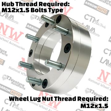 Show details for 4-Piece Set | 2” Thick | 5x4.5” (5x114.3mm) to 6.5.5” (6x139.7mm) | Conversional Wheel Spacer Adapter | 74mm (Hub) / 108mm (Wheel) Center Bore | 12x1.5 Studs | 12x1.5 Bolts Provided Picture of 4-Piece Set | 2” Thick | 5x4.5” (5x114.3mm) to 6.5.5” (6x139.7mm) | Conversional Wheel Spacer Adapter | 74mm (Hub) / 108mm (Wheel) Center Bore | 12x1.5 Studs | 12x1.5 Bolts Provided