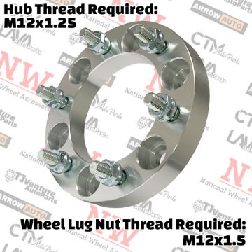 Show details for 4-Piece Set | 1” Thick | 6x5.5” (6x139.7mm) to 6x5.5” (6x139.7mm) | Wheel Spacer Adapter | 108mm Center Bore | 12x1.5 Studs | 12x1.25 Open Lug Nuts Provided Picture of 4-Piece Set | 1” Thick | 6x5.5” (6x139.7mm) to 6x5.5” (6x139.7mm) | Wheel Spacer Adapter | 108mm Center Bore | 12x1.5 Studs | 12x1.25 Open Lug Nuts Provided