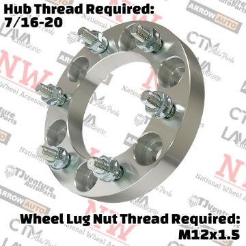 Show details for 4-Piece Set | 1” Thick | 6x5.5” (6x139.7mm) to 6x5.5” (6x139.7mm) | Wheel Spacer Adapter | 108mm Center Bore | 12x1.5 Studs | 7/16-20 Open Lug Nuts Provided Picture of 4-Piece Set | 1” Thick | 6x5.5” (6x139.7mm) to 6x5.5” (6x139.7mm) | Wheel Spacer Adapter | 108mm Center Bore | 12x1.5 Studs | 7/16-20 Open Lug Nuts Provided