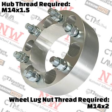 Show details for 4-Piece Set | 2” Thick | 6x135mm to 6x135mm | Wheel Spacer Adapter | 108mm Center Bore | 14x2 Studs | 14x1.5 Open Lug Nuts Provided Picture of 4-Piece Set | 2” Thick | 6x135mm to 6x135mm | Wheel Spacer Adapter | 108mm Center Bore | 14x2 Studs | 14x1.5 Open Lug Nuts Provided