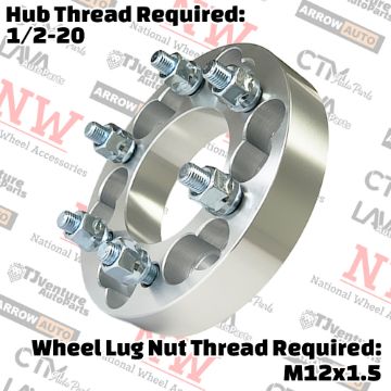 Show details for 4-Piece Set | 1.25” Thick | 6x4.5” (6x114.3mm) & 6x5” (6x127mm) to 6x5.5” (6x139.7mm) | Conversional Wheel Spacer Adapter | 87mm Center Bore | 12x1.5 Studs | 1/2-20 Open Lug Nuts Provided Picture of 4-Piece Set | 1.25” Thick | 6x4.5” (6x114.3mm) & 6x5” (6x127mm) to 6x5.5” (6x139.7mm) | Conversional Wheel Spacer Adapter | 87mm Center Bore | 12x1.5 Studs | 1/2-20 Open Lug Nuts Provided