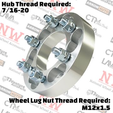 Show details for 2-Piece Set | 1.25” Thick | 6x135mm & 6x5.5” (6x139.7mm) to 6x5.5” (6x139.7mm) | Conversional Wheel Spacer Adapter | 108mm Center Bore | 12x1.5 Studs | 7/16-20 Open Lug Nuts Provided Picture of 2-Piece Set | 1.25” Thick | 6x135mm & 6x5.5” (6x139.7mm) to 6x5.5” (6x139.7mm) | Conversional Wheel Spacer Adapter | 108mm Center Bore | 12x1.5 Studs | 7/16-20 Open Lug Nuts Provided