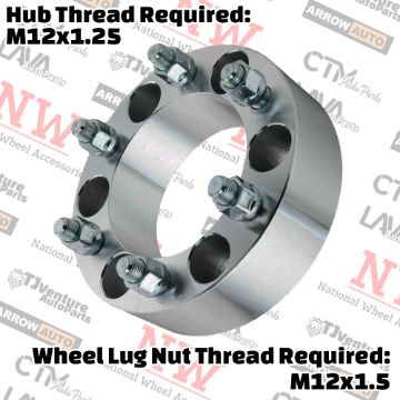 Show details for 2-Piece Set | 1.5” Thick | 6x4.5” (6x114.3mm) to 6x5.5” (6x139.7mm) | Conversional Wheel Spacer Adapter | 71.5mm Center Bore | 12x1.5 Studs | 12x1.25 Open Lug Nuts Provided Picture of 2-Piece Set | 1.5” Thick | 6x4.5” (6x114.3mm) to 6x5.5” (6x139.7mm) | Conversional Wheel Spacer Adapter | 71.5mm Center Bore | 12x1.5 Studs | 12x1.25 Open Lug Nuts Provided