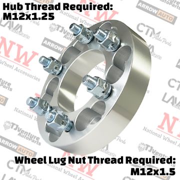 Show details for 2-Piece Set | 1.25” Thick | 6x4.5” (6x114.3mm) & 6x5” (6x127mm) to 6x5.5” (6x139.7mm) | Conversional Wheel Spacer Adapter | 87mm Center Bore | 12x1.5 Studs | 12x1.25 Open Lug Nuts Provided Picture of 2-Piece Set | 1.25” Thick | 6x4.5” (6x114.3mm) & 6x5” (6x127mm) to 6x5.5” (6x139.7mm) | Conversional Wheel Spacer Adapter | 87mm Center Bore | 12x1.5 Studs | 12x1.25 Open Lug Nuts Provided