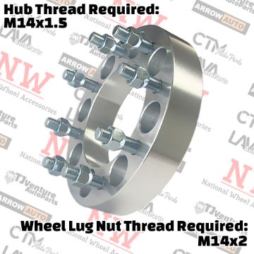 Show details for 2-Piece Set | 1.5” Thick | 8x170mm to 8x170mm | Wheel Spacer Adapter | 125mm Center Bore | 14x2 Studs | 14x1.5 Open Lug Nuts Provided Picture of 2-Piece Set | 1.5” Thick | 8x170mm to 8x170mm | Wheel Spacer Adapter | 125mm Center Bore | 14x2 Studs | 14x1.5 Open Lug Nuts Provided