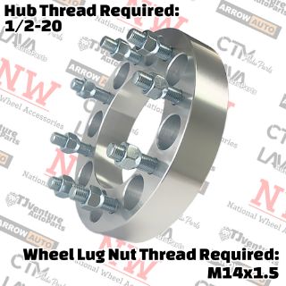 Picture of 4-Piece Set | 1.5” Thick | 8x6.5” (8x165.1mm) 8x6.5” (8x165.1mm) | Wheel Spacer Adapter | 126mm Center Bore | 14x1.5 Studs | 1/2-20 Open Lug Nuts Provided