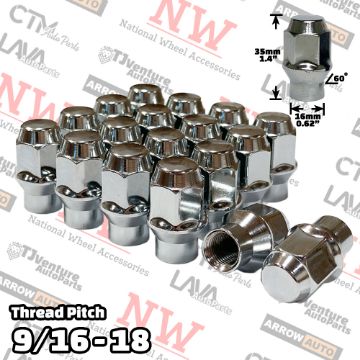 Show details for 20-Piece Set | Chrome | 9/16-18 Thread | Extended Thread (ET) Style | Bulge Acorn | Wheel Lug Nuts Picture of 20-Piece Set | Chrome | 9/16-18 Thread | Extended Thread (ET) Style | Bulge Acorn | Wheel Lug Nuts