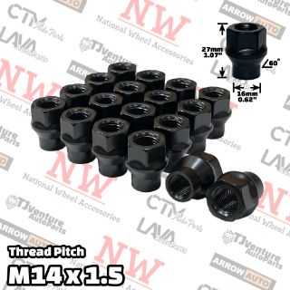 Picture of 20-Piece Set | Black | 14x1.5 Thread | Extended Thread (ET) Style | Bulge Acorn Open End | Wheel Lug Nuts