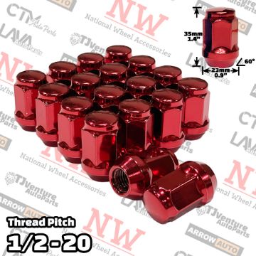 Show details for 20-Piece Set | 1.4” Tall | Red | 1/2-20 Thread | 3/4” Hex Drive | Bulge Acorn | Wheel Lug Nuts Picture of 20-Piece Set | 1.4” Tall | Red | 1/2-20 Thread | 3/4” Hex Drive | Bulge Acorn | Wheel Lug Nuts