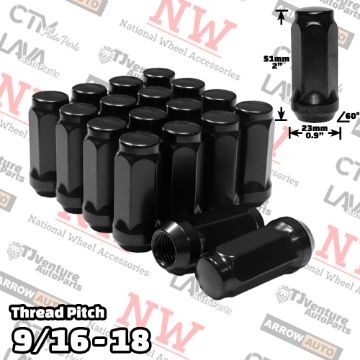 Show details for 20-Piece Set | 2” Tall | Black | 9/16-18 Thread | 3/4” Hex Drive | Bulge Acorn | Wheel Lug Nuts Picture of 20-Piece Set | 2” Tall | Black | 9/16-18 Thread | 3/4” Hex Drive | Bulge Acorn | Wheel Lug Nuts