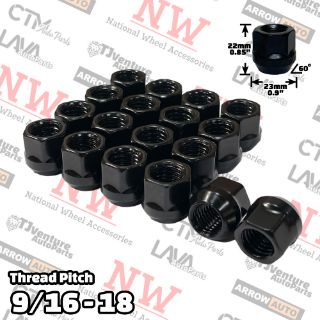 Picture of 20-Piece Set | Black | 9/16-18 Thread | 3/4” Hex Drive | Bulge Acorn Open End | Wheel Lug Nuts