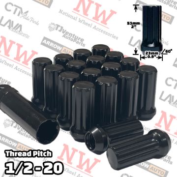 Show details for 20-Piece Set | 2” Tall | Black | 1/2-20 Thread | 6 Spline | Tuner Locker | Performance Wheel Lug Nuts | Plus Security Socket Picture of 20-Piece Set | 2” Tall | Black | 1/2-20 Thread | 6 Spline | Tuner Locker | Performance Wheel Lug Nuts | Plus Security Socket