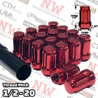 Picture of 20-Piece Set | 1.4” Tall | Red | 1/2-20 Thread | 6 Spline | Tuner Locker | Performance Wheel Lug Nuts | Plus Security Socket