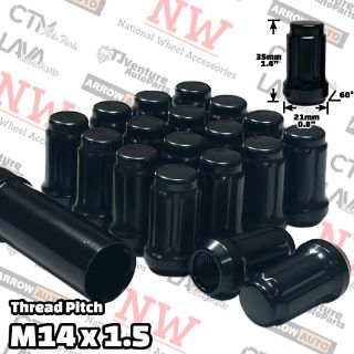 Picture of 20-Piece Set | 1.4” Tall | Black | 14x1.5 Thread | 6 Spline | Tuner Locker | Performance Wheel Lug Nuts | Plus Security Socket