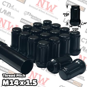 Show details for 20-Piece Set | 1.4” Tall | Black | 14x1.5 Thread | 6 Spline | Tuner Locker | Performance Wheel Lug Nuts | Plus Security Socket Picture of 20-Piece Set | 1.4” Tall | Black | 14x1.5 Thread | 6 Spline | Tuner Locker | Performance Wheel Lug Nuts | Plus Security Socket