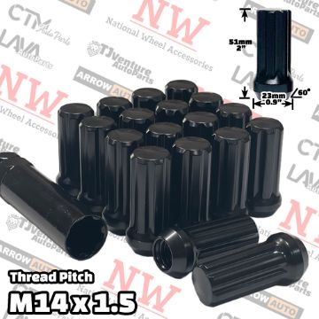 Show details for 20-Piece Set | 2” Tall | Black | 14x1.5 Thread | 7 Spline | Tuner Locker | Performance Wheel Lug Nuts | Plus Security Socket Picture of 20-Piece Set | 2” Tall | Black | 14x1.5 Thread | 7 Spline | Tuner Locker | Performance Wheel Lug Nuts | Plus Security Socket