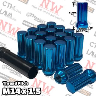 Picture of 20-Piece Set | 2” Tall | Blue | 14x1.5 Thread | 7 Spline | Tuner Locker | Performance Wheel Lug Nuts | Plus Security Socket