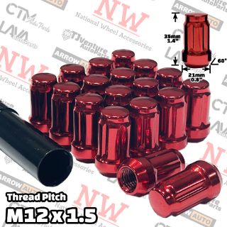 Picture of 20-Piece Set | 1.4” Tall | Red | 12x1.5 Thread | 6 Spline | Tuner Locker | Performance Wheel Lug Nuts | Plus Security Socket