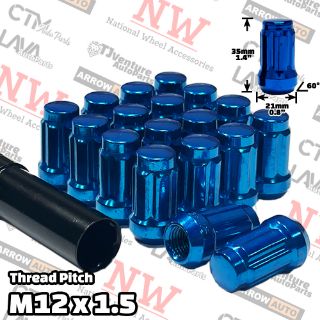 Picture of 20-Piece Set | 1.4” Tall | Blue | 12x1.5 Thread | 6 Spline | Tuner Locker | Performance Wheel Lug Nuts | Plus Security Socket