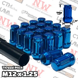 Picture of 20-Piece Set | 1.4” Tall | Blue | 12x1.25 Thread | 6 Spline | Tuner Locker | Performance Wheel Lug Nuts | Plus Security Socket