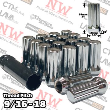 Show details for 20-Piece Set | 2” Tall | Chrome | 9/16-18 Thread | 7 Spline | Tuner Locker | Performance Wheel Lug Nuts | Plus Security Socket Picture of 20-Piece Set | 2” Tall | Chrome | 9/16-18 Thread | 7 Spline | Tuner Locker | Performance Wheel Lug Nuts | Plus Security Socket