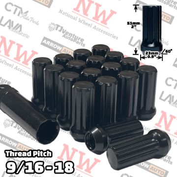 Show details for 20-Piece Set | 2” Tall | Black | 9/16-18 Thread | 7 Spline | Tuner Locker | Performance Wheel Lug Nuts | Plus Security Socket Picture of 20-Piece Set | 2” Tall | Black | 9/16-18 Thread | 7 Spline | Tuner Locker | Performance Wheel Lug Nuts | Plus Security Socket