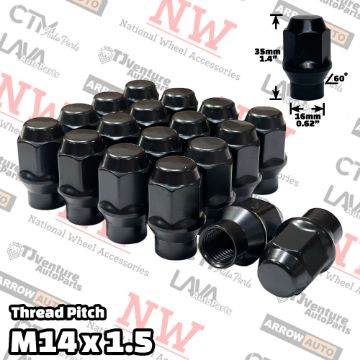 Show details for 24-Piece Set | Black | 14x1.5 Thread | Extended Thread (ET) Style | Bulge Acorn | Wheel Lug Nuts Picture of 24-Piece Set | Black | 14x1.5 Thread | Extended Thread (ET) Style | Bulge Acorn | Wheel Lug Nuts
