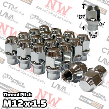 Picture of 24-Piece Set | Chrome | 12x1.5 Thread | Extended Thread (ET) Style | Bulge Acorn | Wheel Lug Nuts