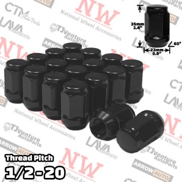 Show details for 24-Piece Set | 1.4” Tall | Black | 1/2-20 Thread | 3/4” Hex Drive | Bulge Acorn | Wheel Lug Nuts Picture of 24-Piece Set | 1.4” Tall | Black | 1/2-20 Thread | 3/4” Hex Drive | Bulge Acorn | Wheel Lug Nuts