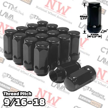 Show details for 32-Piece Set | 1.78” Tall | Black | 9/16-18 Thread | 3/4” Hex Drive | Bulge Acorn | Wheel Lug Nuts Picture of 32-Piece Set | 1.78” Tall | Black | 9/16-18 Thread | 3/4” Hex Drive | Bulge Acorn | Wheel Lug Nuts