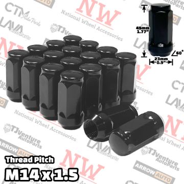 Show details for 24-Piece Set | 1.78” Tall | Black | 14x1.5 Thread | 3/4” Hex Drive | Bulge Acorn | Wheel Lug Nuts Picture of 24-Piece Set | 1.78” Tall | Black | 14x1.5 Thread | 3/4” Hex Drive | Bulge Acorn | Wheel Lug Nuts