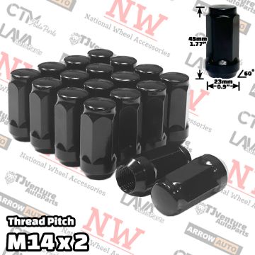 Show details for 24-Piece Set | 1.78” Tall | Black | 14x2 Thread | 3/4” Hex Drive | Bulge Acorn | Wheel Lug Nuts Picture of 24-Piece Set | 1.78” Tall | Black | 14x2 Thread | 3/4” Hex Drive | Bulge Acorn | Wheel Lug Nuts