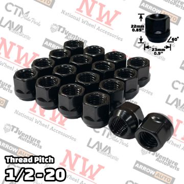 Show details for 16-Piece Set | Black | 1/2-20 Thread | 3/4” Hex Drive | Bulge Acorn Open End | Wheel Lug Nuts Picture of 16-Piece Set | Black | 1/2-20 Thread | 3/4” Hex Drive | Bulge Acorn Open End | Wheel Lug Nuts