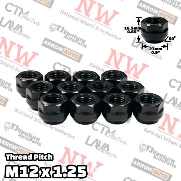 Show details for 24-Piece Set | Extra Short | Black | 12x1.25 Thread | 3/4” Hex Drive | Bulge Acorn Open End | Wheel Lug Nuts Picture of 24-Piece Set | Extra Short | Black | 12x1.25 Thread | 3/4” Hex Drive | Bulge Acorn Open End | Wheel Lug Nuts