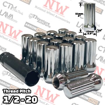 Show details for 16-Piece Set | 2” Tall | Chrome | 1/2-20 Thread | 6 Spline | Tuner Locker | Performance Wheel Lug Nuts | Plus Security Socket Picture of 16-Piece Set | 2” Tall | Chrome | 1/2-20 Thread | 6 Spline | Tuner Locker | Performance Wheel Lug Nuts | Plus Security Socket