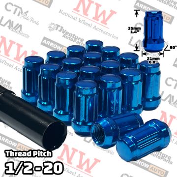 Show details for 32-Piece Set | 1.4” Tall | Blue | 1/2-20 Thread | 6 Spline | Tuner Locker | Performance Wheel Lug Nuts | Plus Security Socket Picture of 32-Piece Set | 1.4” Tall | Blue | 1/2-20 Thread | 6 Spline | Tuner Locker | Performance Wheel Lug Nuts | Plus Security Socket