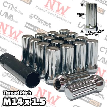 Show details for 24-Piece Set | 2” Tall | Chrome | 14x1.5 Thread | 7 Spline | Tuner Locker | Performance Wheel Lug Nuts | Plus Security Socket Picture of 24-Piece Set | 2” Tall | Chrome | 14x1.5 Thread | 7 Spline | Tuner Locker | Performance Wheel Lug Nuts | Plus Security Socket