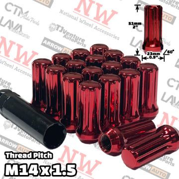 Show details for 24-Piece Set | 2” Tall | Red | 14x1.5 Thread | 7 Spline | Tuner Locker | Performance Wheel Lug Nuts | Plus Security Socket Picture of 24-Piece Set | 2” Tall | Red | 14x1.5 Thread | 7 Spline | Tuner Locker | Performance Wheel Lug Nuts | Plus Security Socket