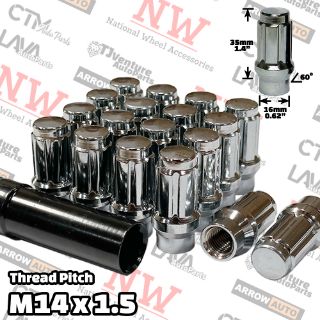 Picture of 24-Piece Set | Chrome | 14x1.5 Thread | 6 Spline Tuner Locker | Extended Thread (ET) Style | Wheel Lug Nuts | Plus Security Socket