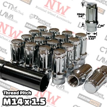 Show details for 32-Piece Set | Chrome | 14x1.5 Thread | 6 Spline Tuner Locker | Extended Thread (ET) Style | Wheel Lug Nuts | Plus Security Socket Picture of 32-Piece Set | Chrome | 14x1.5 Thread | 6 Spline Tuner Locker | Extended Thread (ET) Style | Wheel Lug Nuts | Plus Security Socket