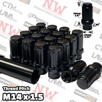 Show details for 24-Piece Set | Black | 14x1.5 Thread | 6 Spline Tuner Locker | Extended Thread (ET) Style | Wheel Lug Nuts | Plus Security Socket Picture of 24-Piece Set | Black | 14x1.5 Thread | 6 Spline Tuner Locker | Extended Thread (ET) Style | Wheel Lug Nuts | Plus Security Socket