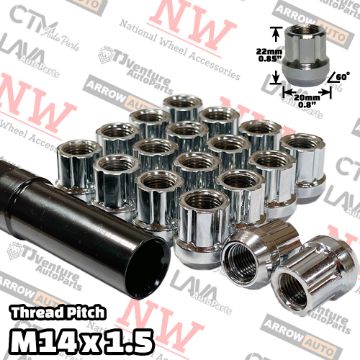 Show details for 24-Piece Set | Chrome | 14x1.5 Thread | 6 Spline | Tuner Locker Open End | Wheel Lug Nuts | Plus Security Socket Picture of 24-Piece Set | Chrome | 14x1.5 Thread | 6 Spline | Tuner Locker Open End | Wheel Lug Nuts | Plus Security Socket