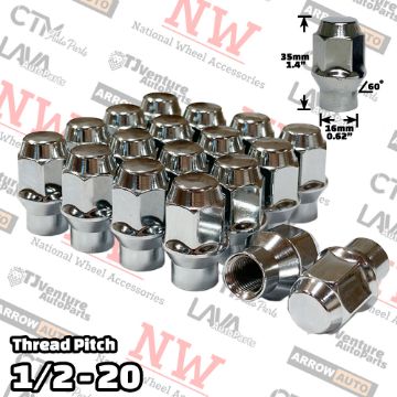 Picture of Wholesales | 200-Piece Box | Chrome | 1/2-20 Thread | Extended Thread (ET) Style | Bulge Acorn | Wheel Lug Nuts