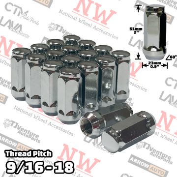 Picture of Wholesales | 200-Piece Box | 2” Tall | Chrome | 9/16-18 Thread | 3/4” Hex Drive | Bulge Acorn | Wheel Lug Nuts