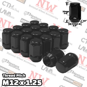 Picture of Wholesales | 200-Piece Box | 1.4” Tall | Black | 12x1.25 Thread | 3/4” Hex Drive | Bulge Acorn | Wheel Lug Nuts