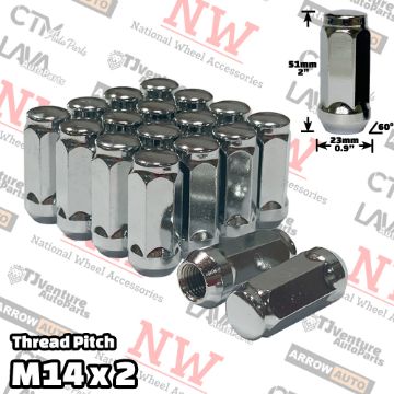 Picture of Wholesales | 200-Piece Box | 2” Tall | Chrome | 14x2 Thread | 3/4” Hex Drive | Bulge Acorn | Wheel Lug Nuts