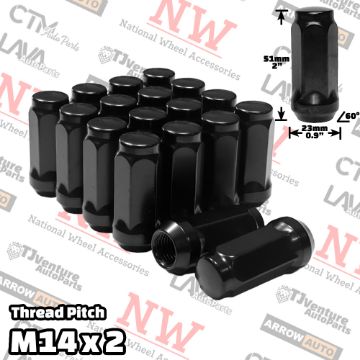 Picture of Wholesales | 50-Piece Box | 2” Tall | Black | 14x2 Thread | 3/4” Hex Drive | Bulge Acorn | Wheel Lug Nuts